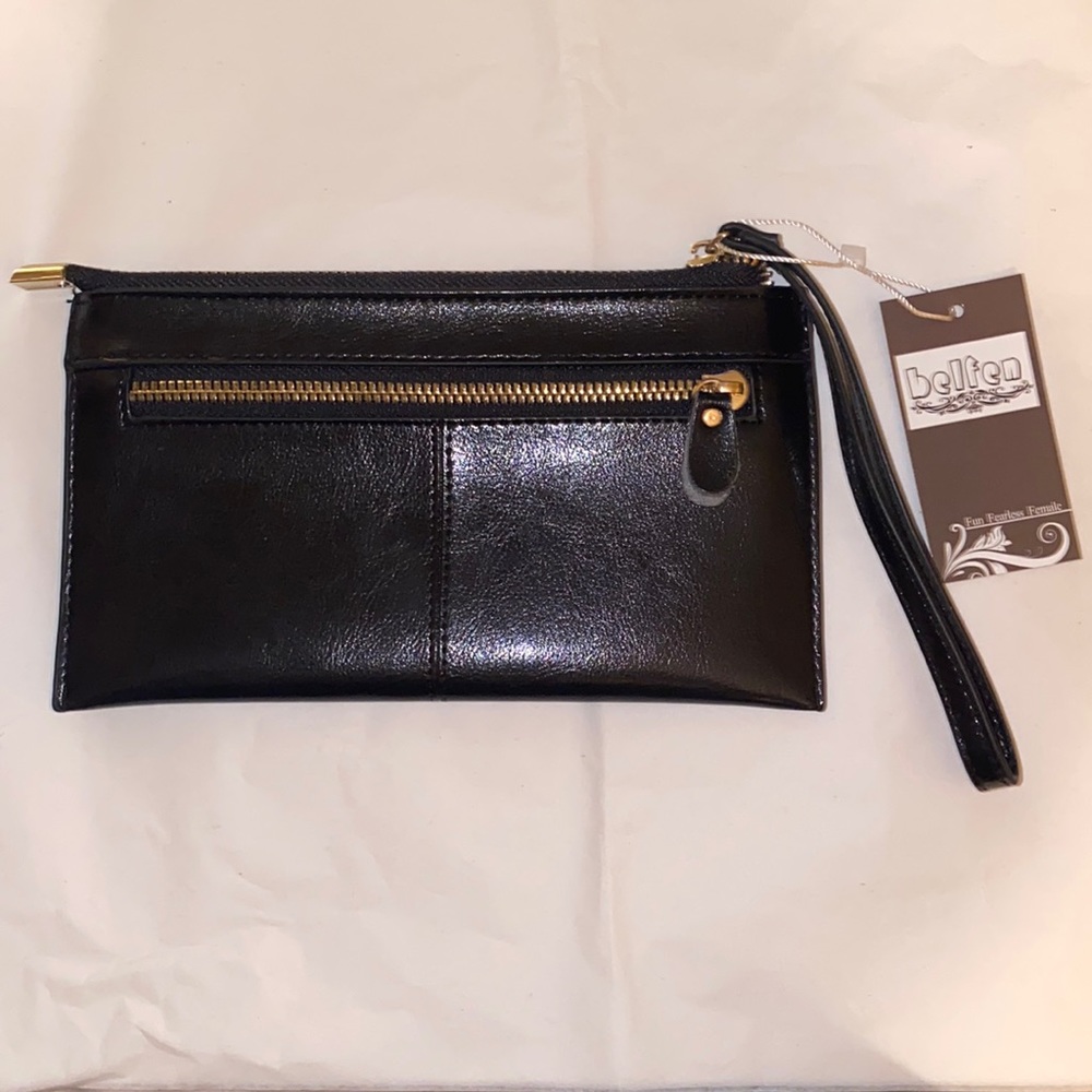 Belfen Wallet Wristlet Clutch - NWT - black leather gold zipper accents